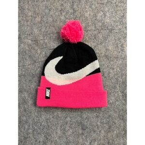 Nike Youth Beanie Pom Pom Black Pink White Swoosh Logo Winter Hat